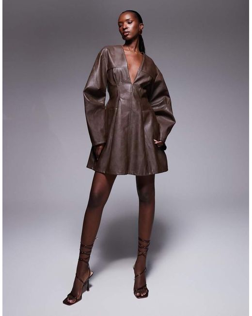 ASOS Brown Structured Pu Cocoon Sleeve Seam Detail Mini Dress