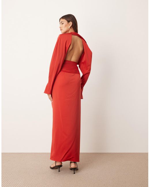 ARRANGE Red Drape Neck Strong Shoulder Maxi Dress With Open Back