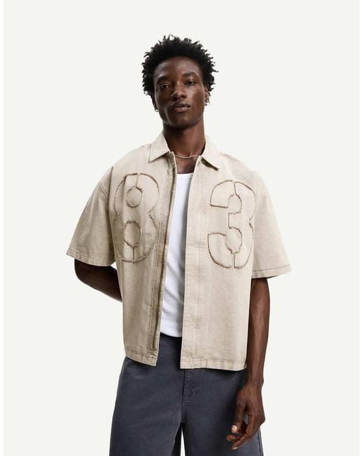 Bershka Natural Embroidered Short Sleeve Boxy Fit Shirt for men