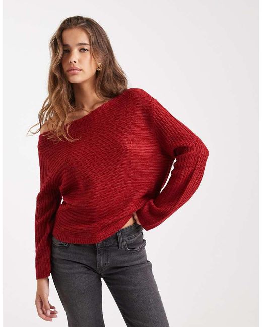 ASOS Red Knitted Off The Shoulder Slouchy Jumper