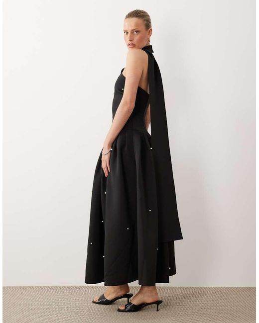 ASOS Black Premium Pearl Embellished Maxi Dress With Scarf Detail