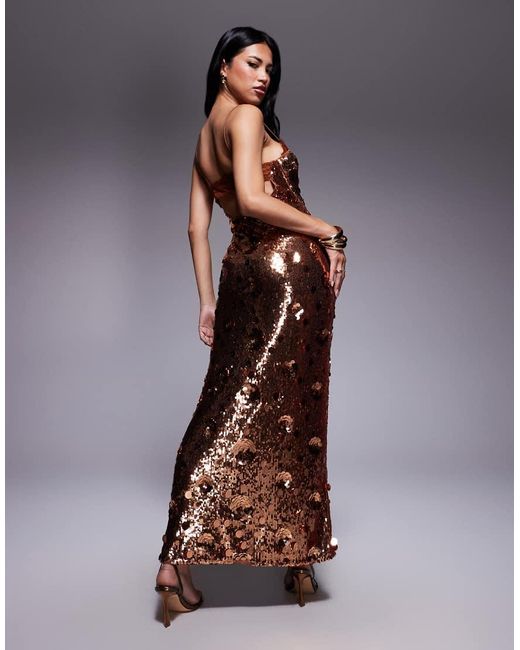 ASOS Brown Sequin Lace Trim Cami Maxi Dress With 3D Embellishment