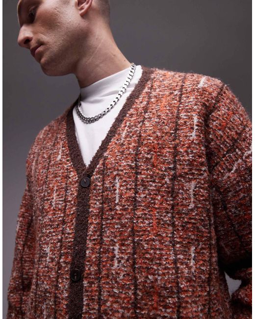 Topman Brown Boucle Patterned Cardigan for men