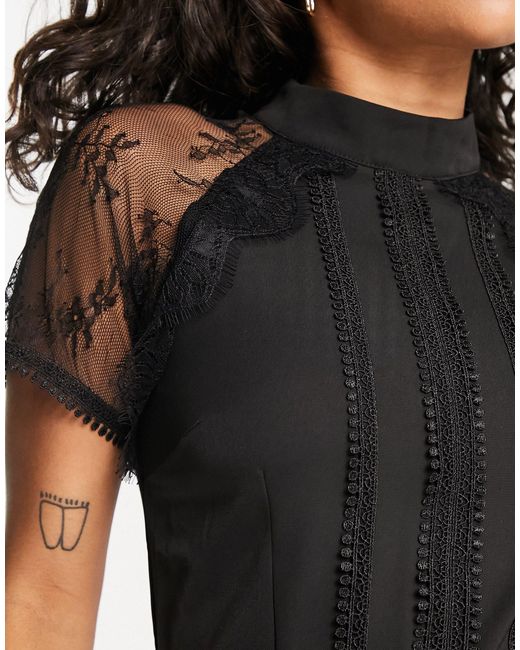 Liquorish Black A Line Lace Detail Midi Dress