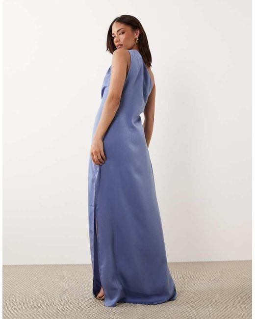 ASOS Blue Asos Design Petite One Shoulder Satin Maxi Dress With Pleat Detail