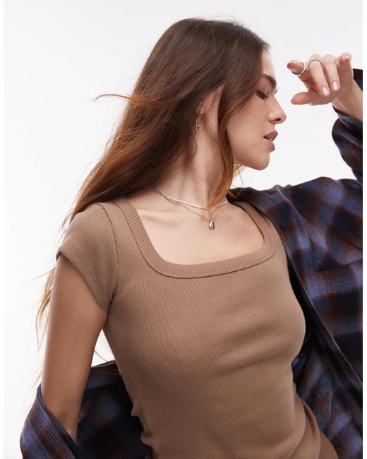 T-shirt côtelé à mancherons et encolure carrée - caramel TOPSHOP en coloris Brown