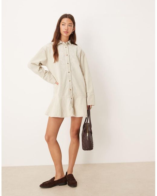 ASOS Natural Washed Cord Embroidered Shirt Mini Dress With Peplum Hem