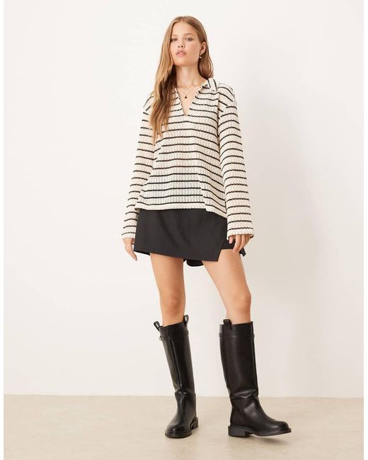 Gina Tricot Natural Co-ord Long Sleeve Polo Crochet Relaxed Top