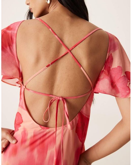 Pretty Lavish Pink Jules Flutter Sleeve Open Lace Up Back Maxi Dress