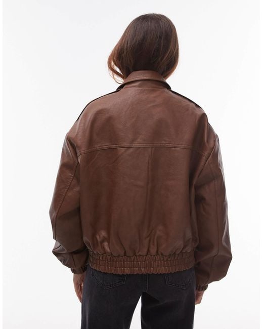 TOPSHOP Brown Faux Leather Oversized Bomber Jacket