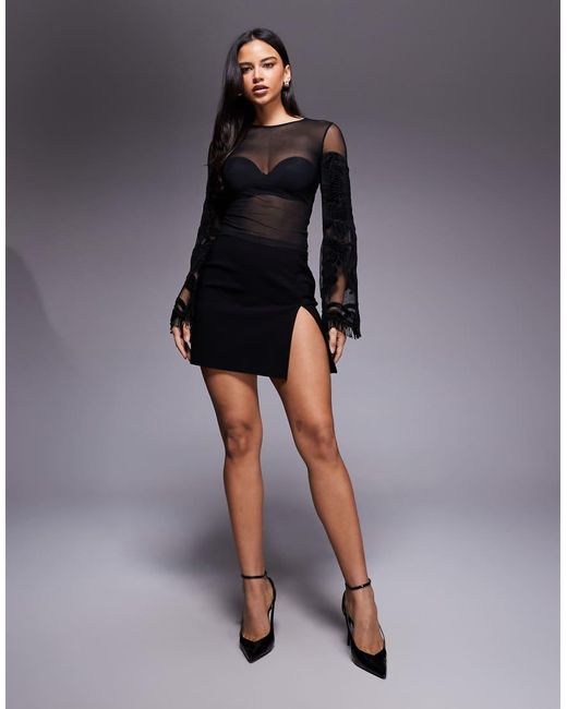 ASOS Black Velvet Embroidered Flare Sleeve Mesh Top With Fringing