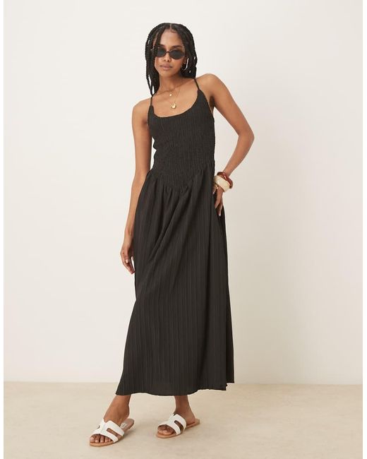 ASOS Black Scoop Neck Crinkle Maxi Sundress With Cross Back
