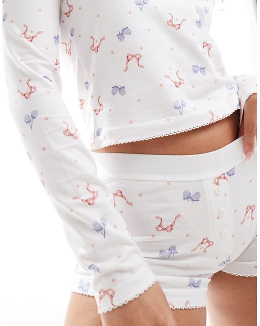 ASOS White Bow And Berry Print Long Sleeve Henley Top & Boxer Short Pyjama Set