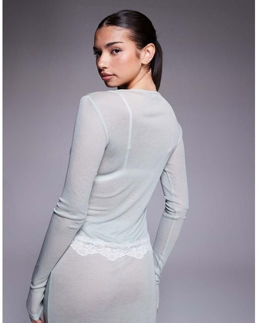 ASOS Gray Honey Semi Sheer Sleepwear Button Up Cardigan With Lace Trim