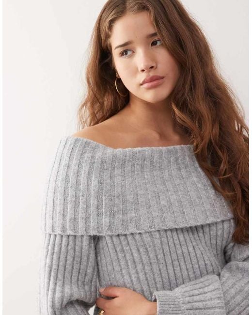 Monki Gray Oversized Bardot Knitted Jumper