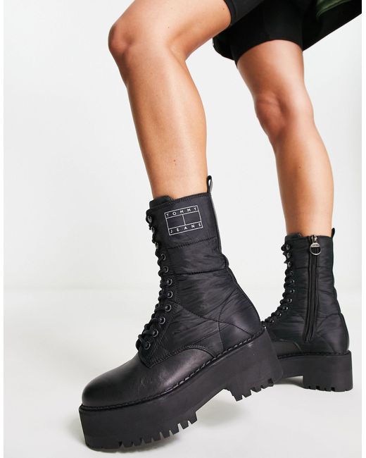 Tommy Hilfiger Leather Flatform Padded Boots in Black | Lyst