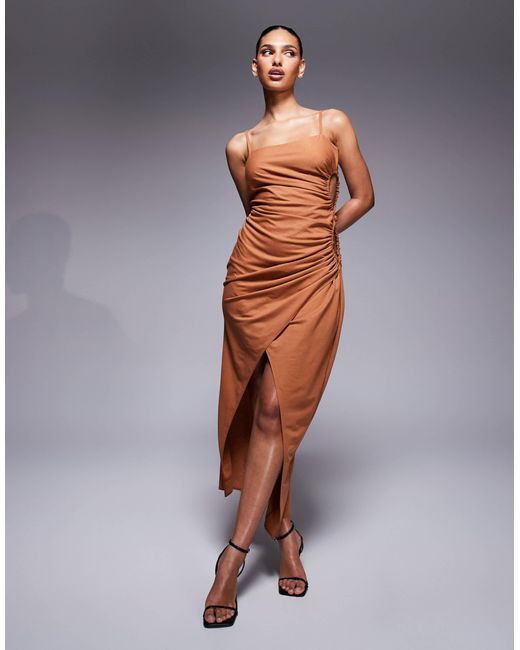 ASOS Gray Linen Look Drapey Cami Midaxi Dress With Channeled Cut Out Detail