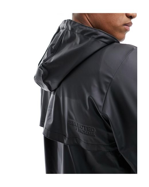 SELECTED Black Longline Rain Jacket With Hood for men