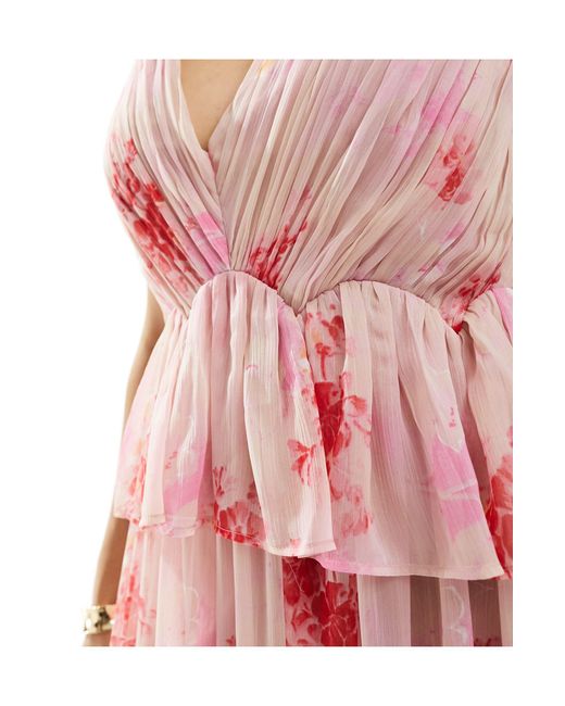 ASOS Pink Plunge Pleated Tiered Midi Dress