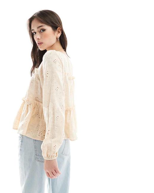 Object Top Met Broderie, Stroken En Lange Mouwen in het Natural