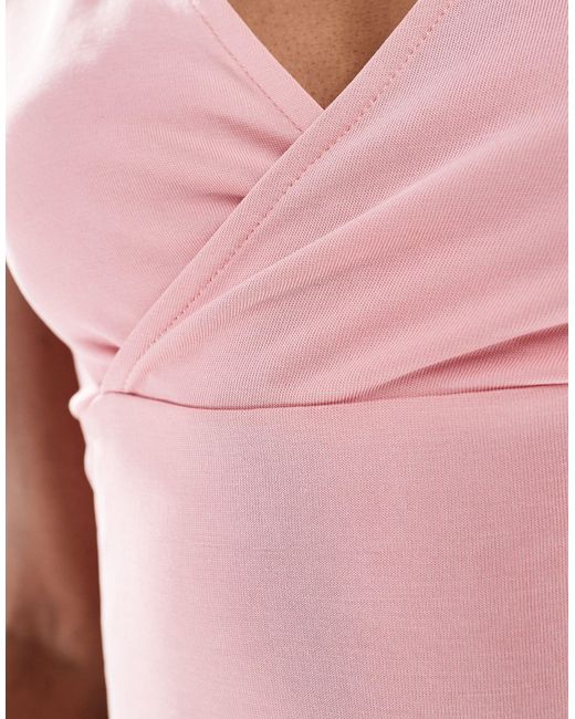 Monki Pink Super Soft Cropped Short Sleeve Top With Wrap Front Detail