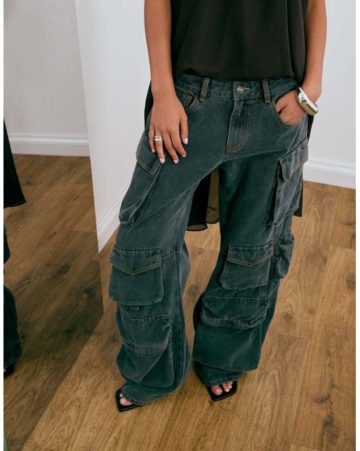 Lioness Black Exclusive Sweetness Low Rise Pocket Detail Oversized Cargo Jeans