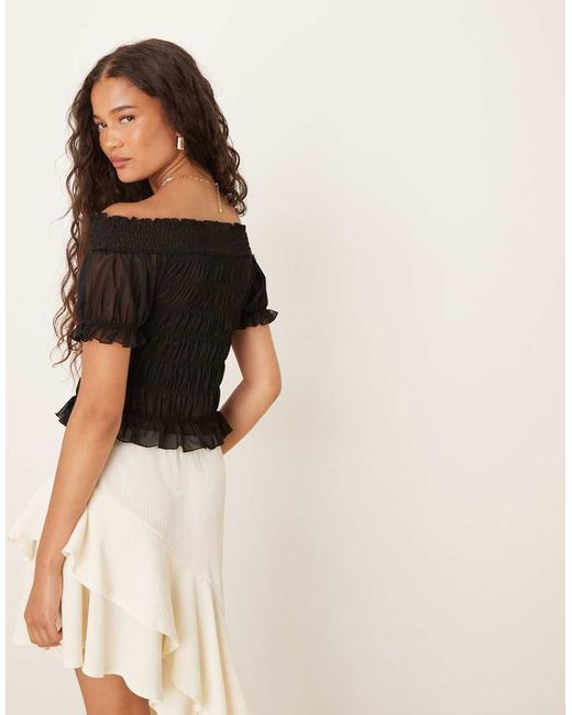ASOS Black Bardot Shirred Short Sleeve Top