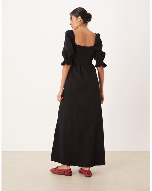 ASOS Black Soft Denim Puff Sleeve Midi Dress With Shirring