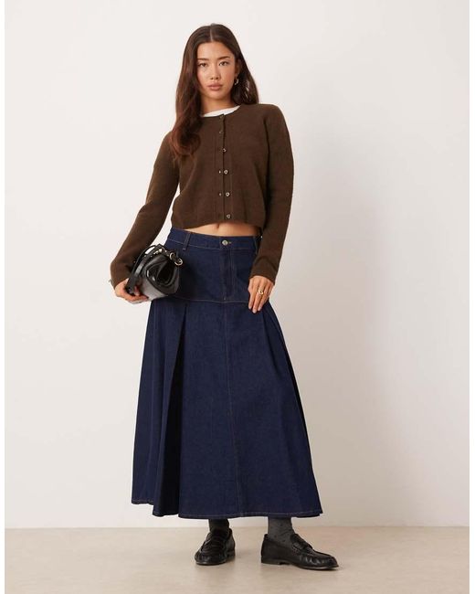 ASOS Blue Double Pleat Denim Midi Skirt