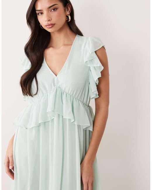 Y.A.S Blue Frill Detail Chiffon Maxi Dress