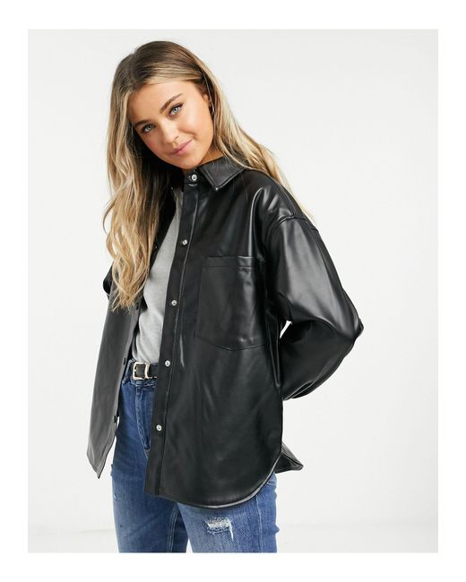 Pull&Bear Faux Leather Overshirt Shacket in Black | Lyst