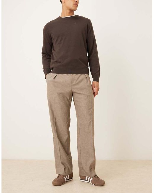 ASOS Brown Tailored Pleated Wide Leg Trousers for men