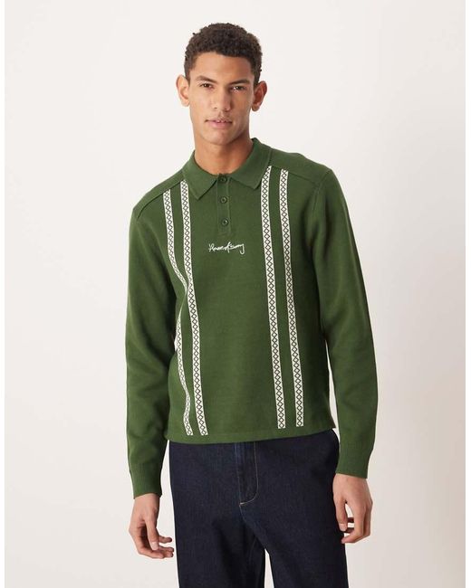 House Of Sunny Green Knitted Stripe Long Sleeve Rugby Shirt for men