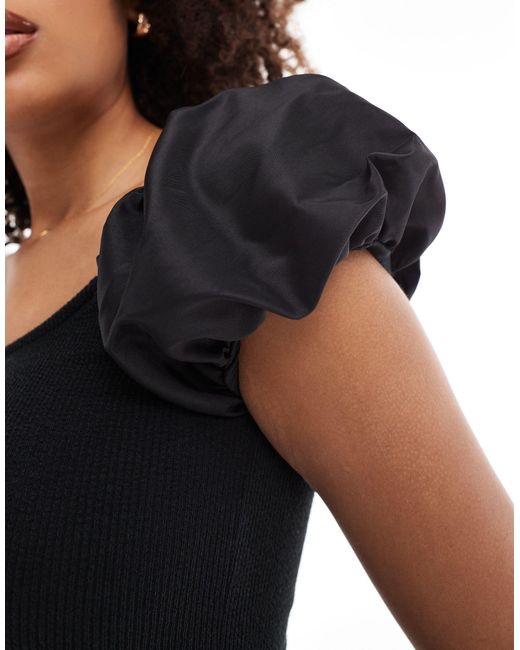 ASOS Black Ribbed Puff Sleeve Midi Dress