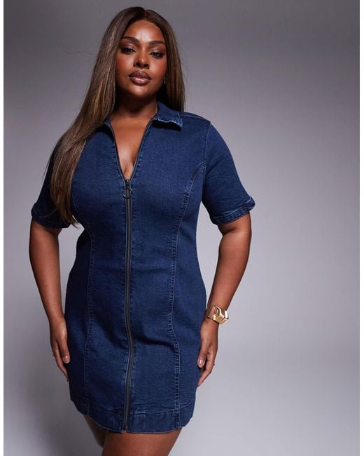 ASOS Blue Asos Design Curve Denim Short Sleeve Mini Dress With Zip Through