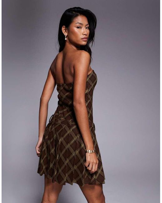Kaiia Brown Exclusive Bandeau 90s Heritage Check Pleated Skirt Mini Dress
