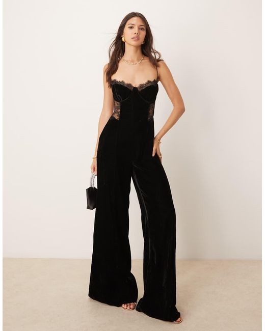 ASOS Natural Velvet Cami Jumpsuit With Lace Insert