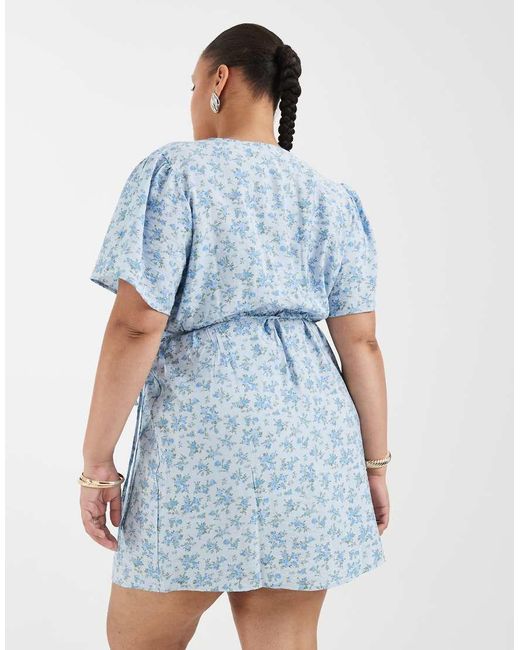 Vero Moda Blue Flutter Sleeve Wrap Front Mini Dress