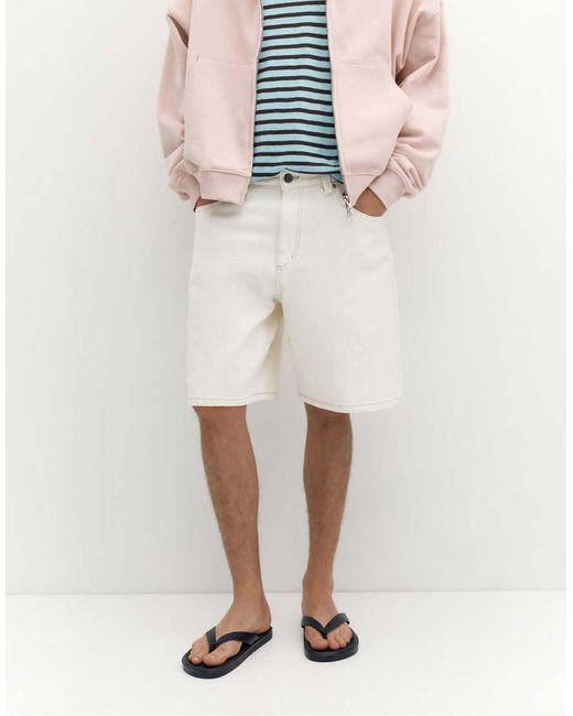 Pull&Bear White baggy Relaxed Denim Bermuda Shorts for men