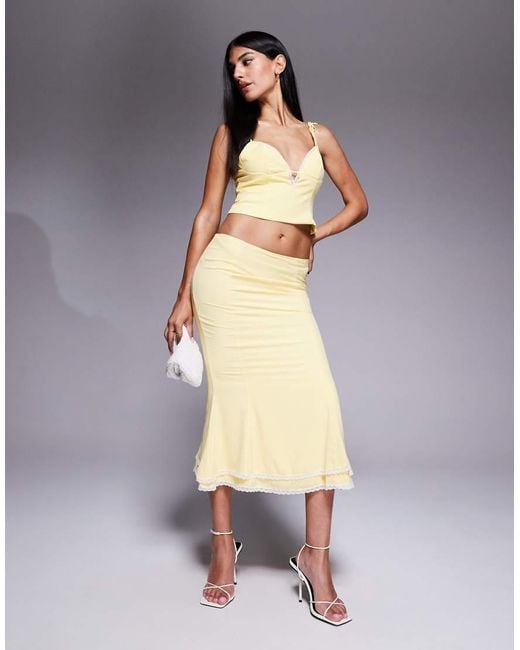 Oh Polly Yellow Lupita Lace Trim Tiered Midi Skirt Co-ord