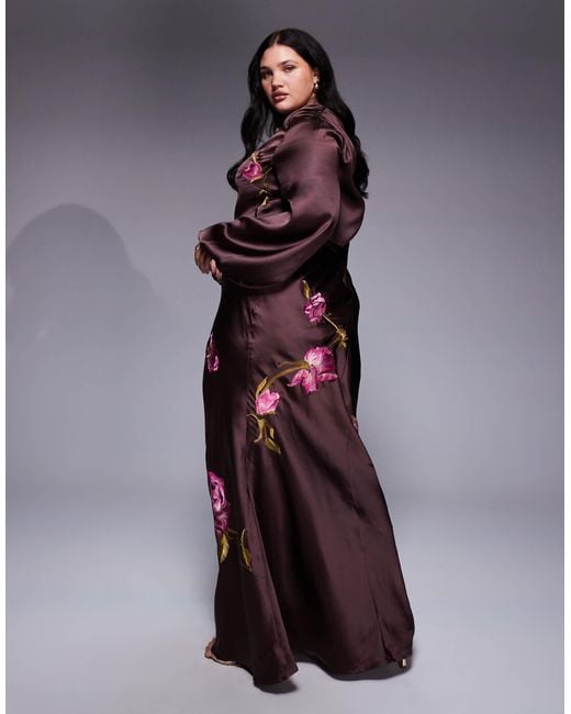 ASOS Purple Asos Design Curve Cowl Neck Floral Embroidered Bias Maxi Dress With Blouson Sleeve