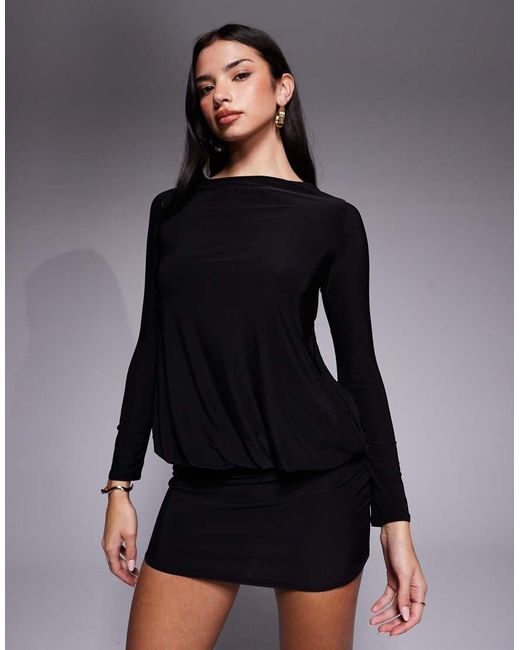 Fashionkilla Black Exclusive Double Sculpted Slinky Long Sleeve Fold Over Waist Detail Open Tie Back Mini Dress