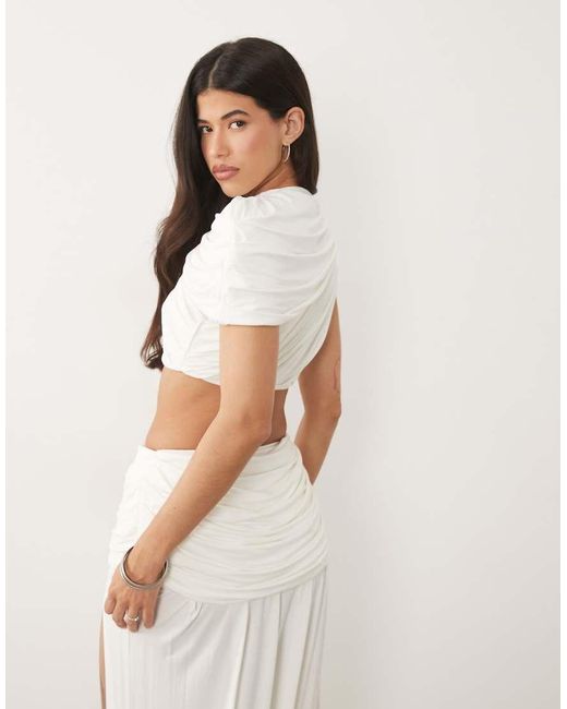 Wanderdoll White Athena Sculpting Second Skin High Neck Drape Crop Top Co-Ord