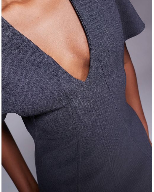 ASOS Blue Structured Short Sleeve V Neck Seamed Midi Dress