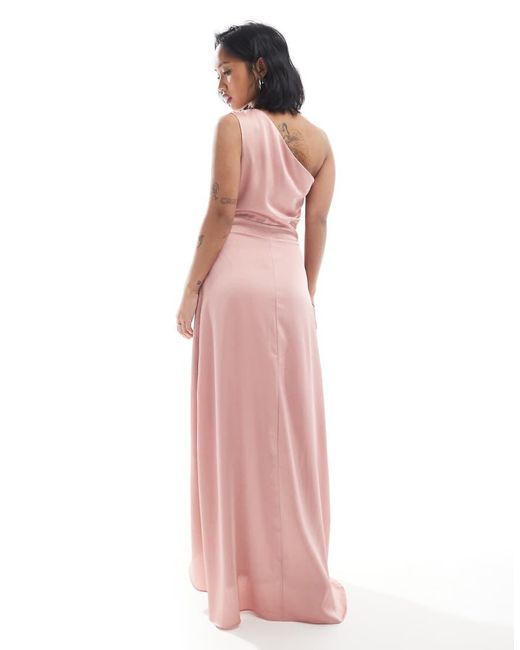 TFNC London Pink Bridesmaid One Shoulder Satin Maxi Dress With Wrap Skirt