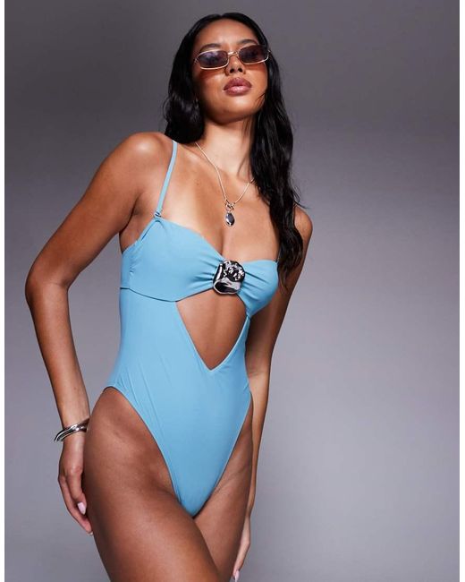 ASOS Blue Harriet Adjustable Straps Swimsuit With Hammered Silver Tone Trim