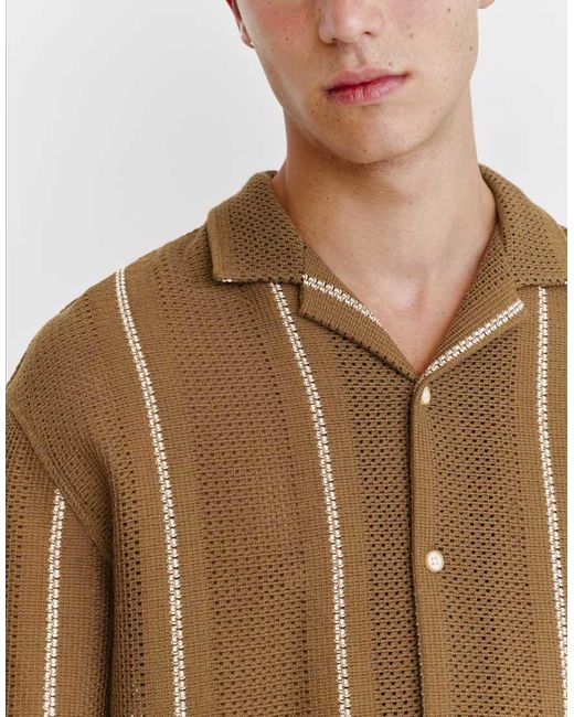 Pull&Bear Brown Striped Short Sleeve Shirt for men
