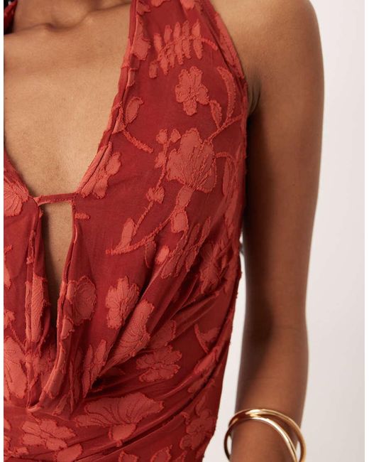 Motel Red Yukari Burnout Mesh Floral Plunge Halter Top