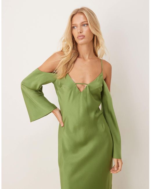 ASOS Green Satin Long Sleeve Fallen Shoulder Cami Midi Dress