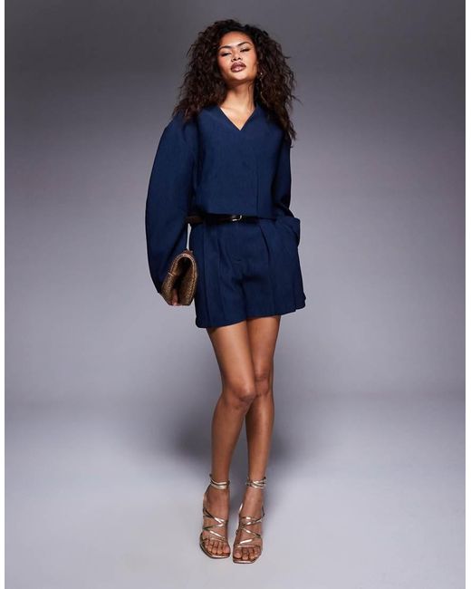 ASOS Blue Tailored Textured Shorts With Belt Co-Ord